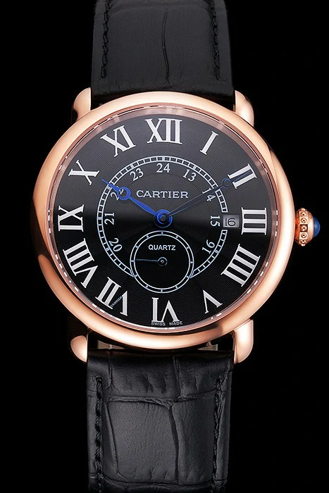 Cartier Ronde Louis Cartier Black Dial Gold Case Black Leather Strap new121526
