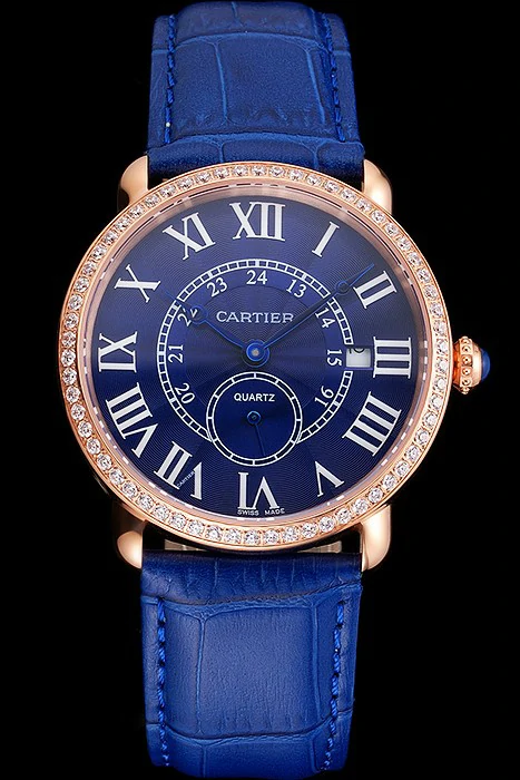 Cartier Ronde Louis Cartier Blue Dial Gold Case Diamond Bezel Blue Leather Strap new121531