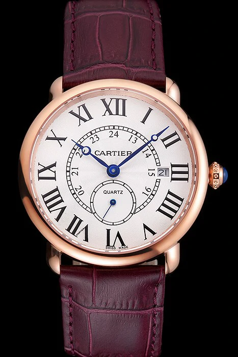 Cartier Ronde Louis Cartier White Dial Gold Case Purple Leather Strap new121524