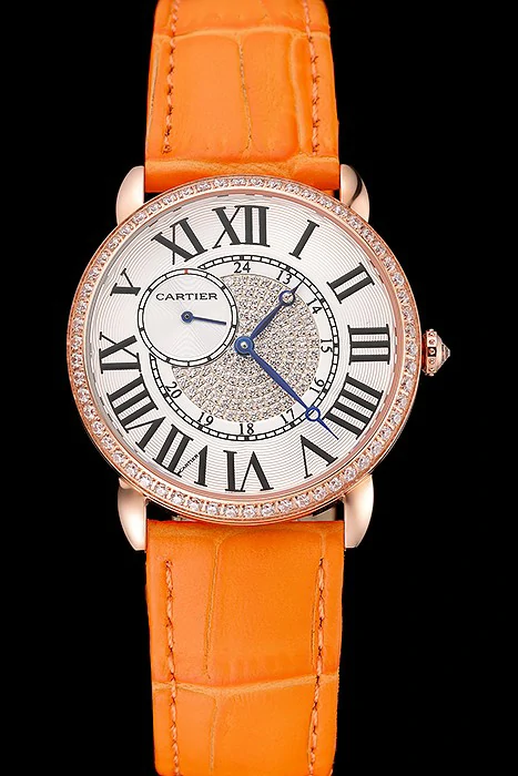 Cartier Ronde Louis Gold Diamond Case White Dial Orange Leather Bracelet new124460