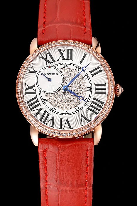 Cartier Ronde Louis Gold Diamond Case White Dial Red Leather Bracelet new124457
