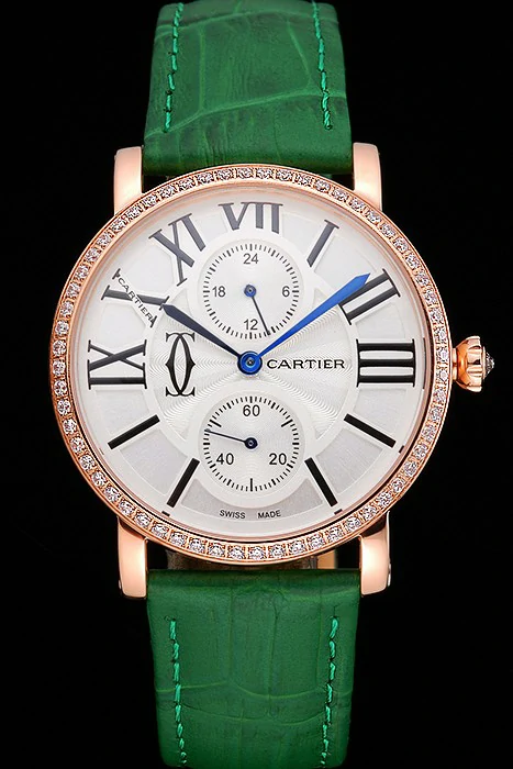 Cartier Ronde Second Time Zone White Dial Gold Case With Diamonds Green Leather Strap new120955
