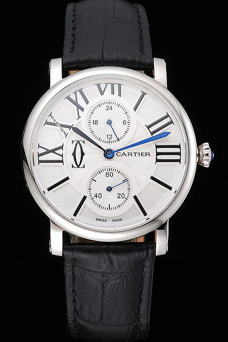 Cartier Ronde Second Time Zone White Dial Stainless Steel Case Black Leather Strap new120941