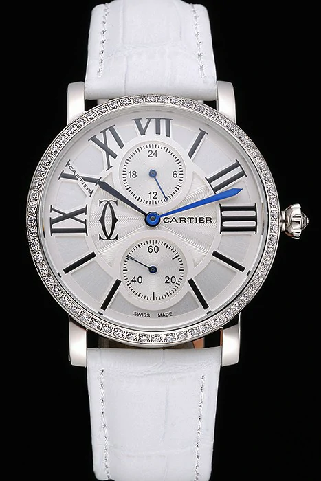 Cartier Ronde Second Time Zone White Dial Stainless Steel Case With Diamonds White Leather Strap new120946