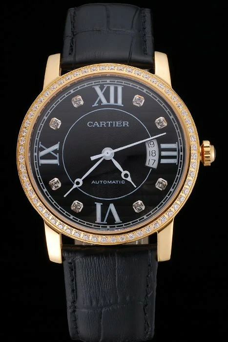 Cartier Ronde Solo Black Dial Gold Diamond Case Black Leather Strap new121248