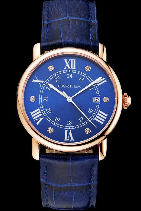 Cartier Ronde Solo Blue Dial Diamond Hour Marks Rose Gold Case Blue Leather Strap new122582