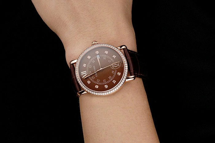 Cartier Ronde Solo Brown Dial Diamond Hour Marks And Bezel Rose Gold Case Brown Leather Strap new122587