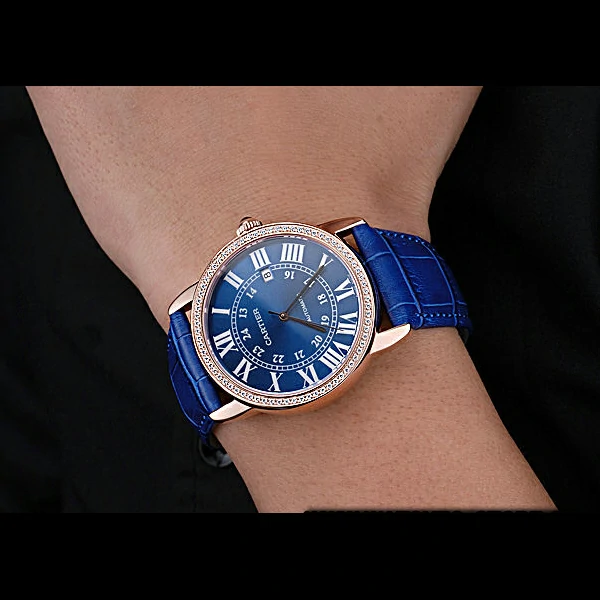 Cartier Ronde Solo Gold Diamond Case Blue Dial Roman Numerals new60105