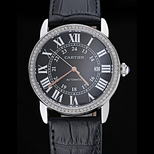 Cartier Ronde Solo Stainless Steel Diamond Case Black Dial Roman Numerals new60093
