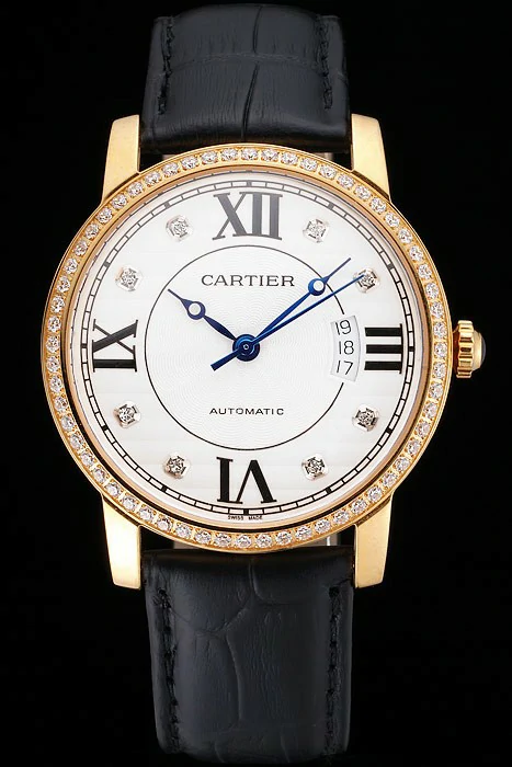 Cartier Ronde Solo White Dial Gold Diamond Case Black Leather Strap new121249