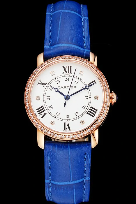 Cartier Ronde White Dial Diamond Bezel Rose Gold Case Blue Leather Strap new122578