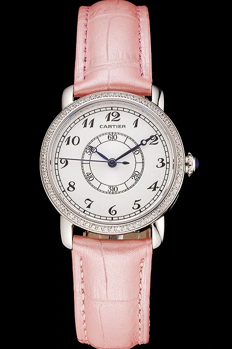 Cartier Ronde White Dial Diamond Bezel Stainless Steel Case Pink Leather Strap new122576