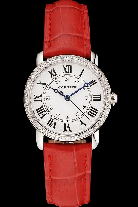 Cartier Ronde White Dial Diamond Bezel Stainless Steel Case Red Leather Strap new122575