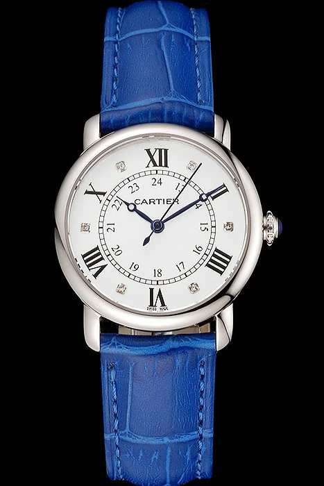 Cartier Ronde White Dial Diamond Hour Marks Stainless Steel Case Blue Leather Strap new122570