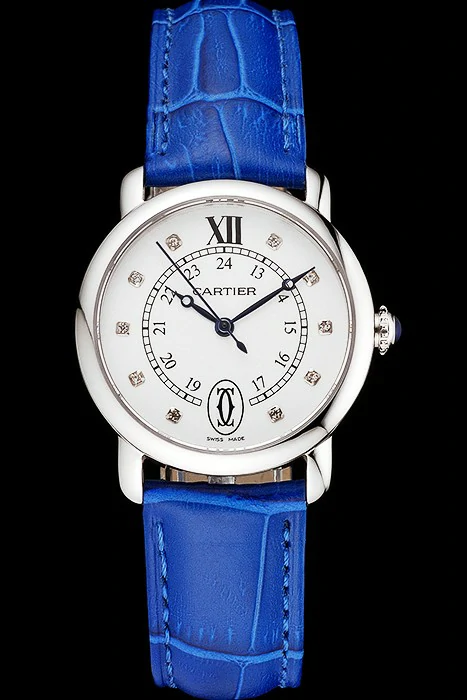 Cartier Ronde White Dial Diamond Hour Marks Stainless Steel Case Blue Leather Strap new122573