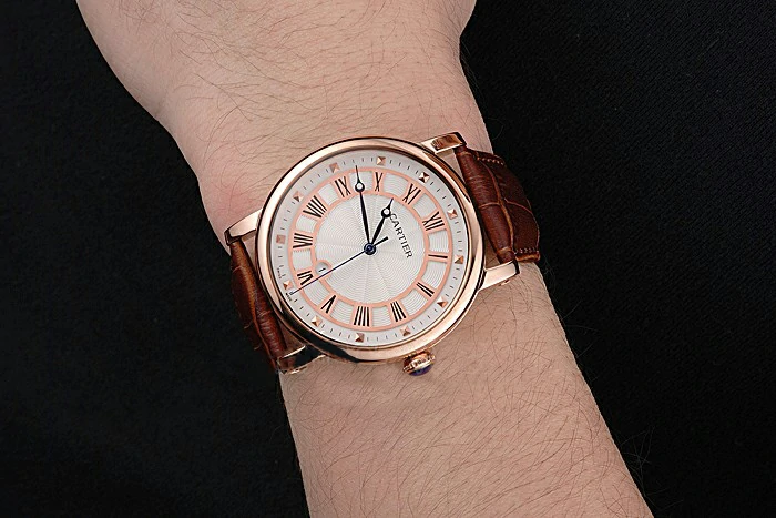 Cartier Rotonde Date White Dial Rose Gold Case Brown Leather Strap new121357
