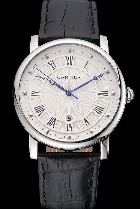 Cartier Rotonde Date White Dial Stainless Steel Case Black Leather Strap new121355