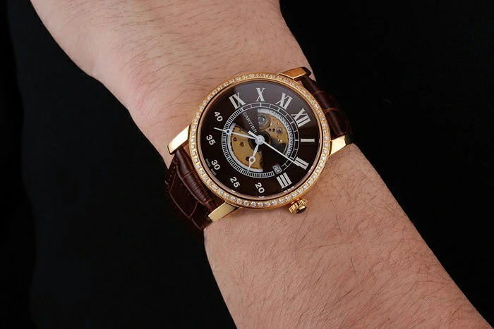 Cartier Rotonde Small Complication Brown Dial Gold Diamond Case Brown Leather Strap new121251
