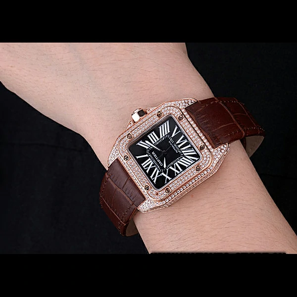 Cartier Santos Black Dial Diamonds Case Brown Leather Bracelet new60439