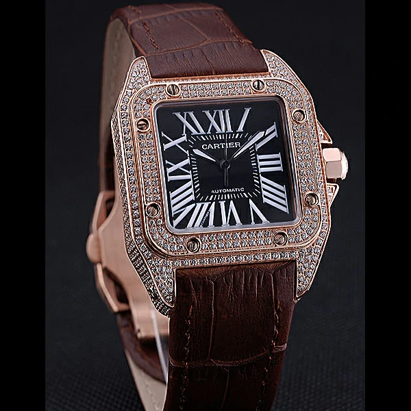 Cartier Santos Black Dial Diamonds Case Brown Leather Bracelet new60439