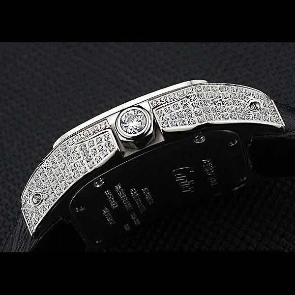 Cartier Santos Dumont Diamond Case White Dial Roman Numerals Black Leather Bracelet new60536