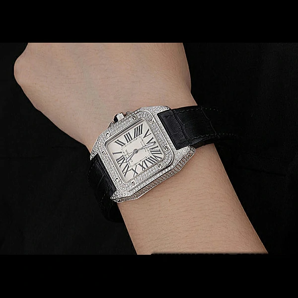 Cartier Santos Dumont Diamond Case White Dial Roman Numerals Black Leather Bracelet new60536