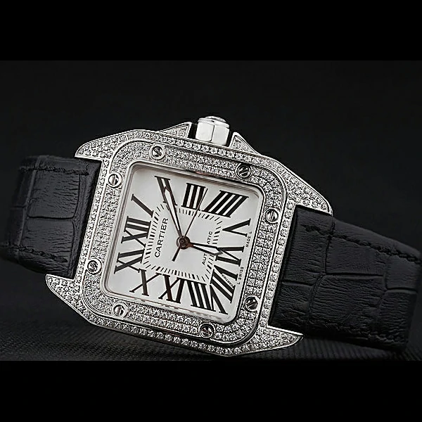 Cartier Santos Dumont Diamond Case White Dial Roman Numerals Black Leather Bracelet new60536
