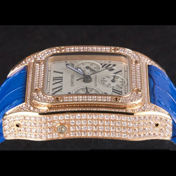 Cartier Santos Rose Gold Bezel with Diamonds and Blue Leather Strap new59622
