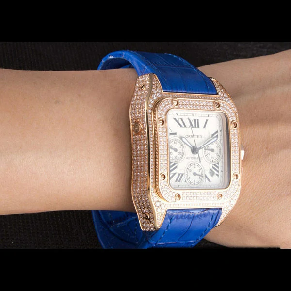 Cartier Santos Rose Gold Bezel with Diamonds and Blue Leather Strap new59622