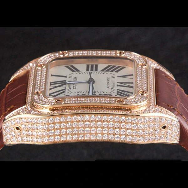 Cartier Santos Rose Gold Bezel with Diamonds and Brown Leather Strap new59623