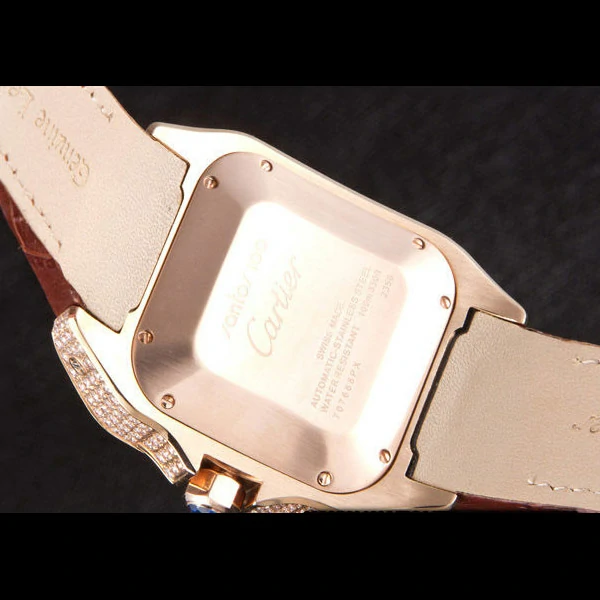 Cartier Santos Rose Gold Bezel with Diamonds and Brown Leather Strap new59623
