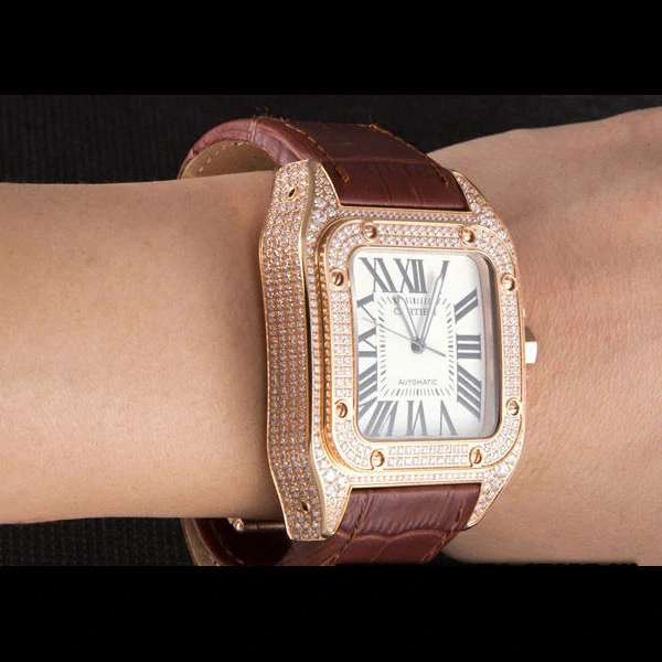 Cartier Santos Rose Gold Bezel with Diamonds and Brown Leather Strap new59623