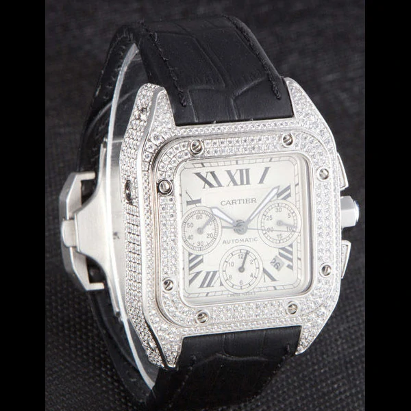 Cartier Santos Silver Bezel with Diamonds and Black Leather Strap new59621