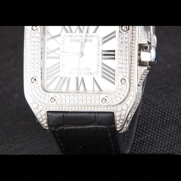 Cartier Santos Silver Bezel with Diamonds and Black Leather Strap new59624