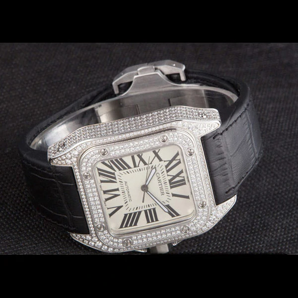 Cartier Santos Silver Bezel with Diamonds and Black Leather Strap new59624