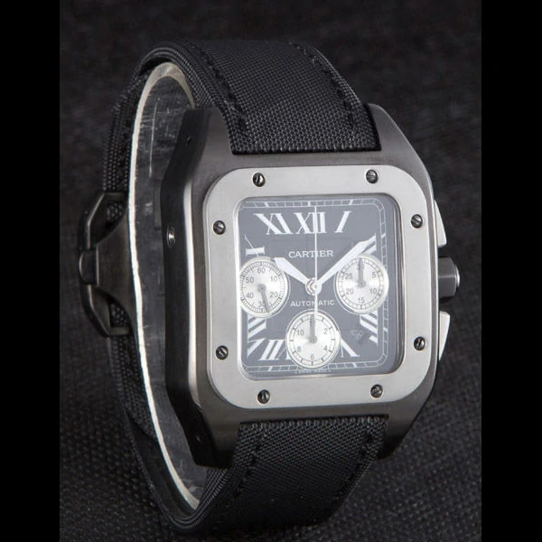 Cartier Santos Two Tone Bezel with Black Dial and Black Fabric Strap new59618