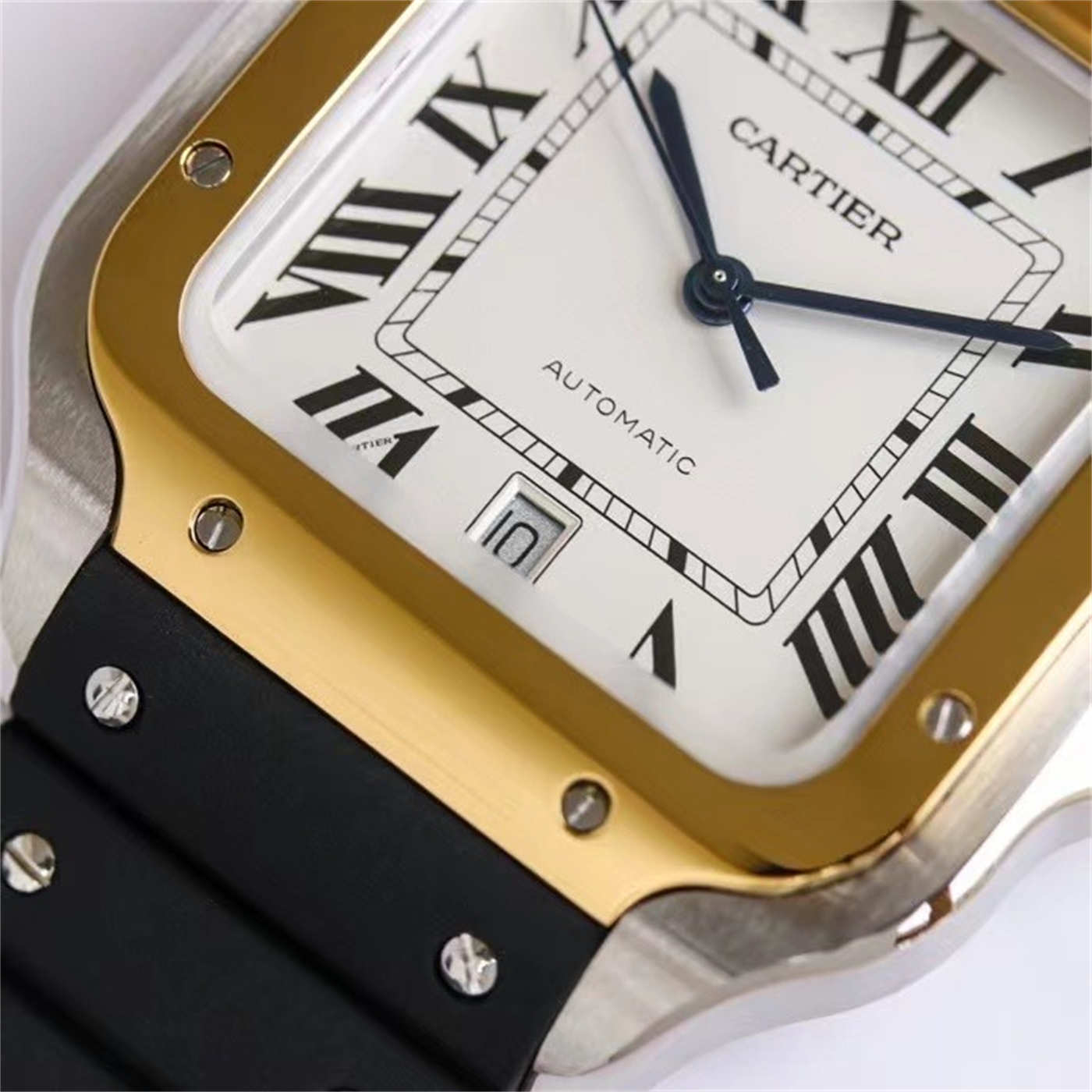 Cartier Santos Two Tone Rubber Strap Replica (Gold Bezel) – GF Factory