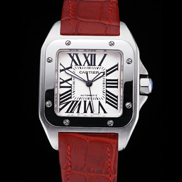 Cartier Santos White Dial Stainless Steel Case Red Leather Bracelet new60440