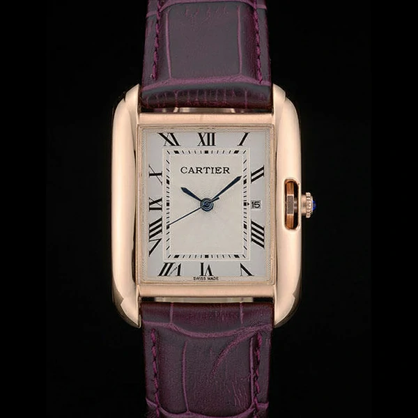 Cartier Tank Anglaise 30mm White Dial Gold Case Purple Leather Bracelet new59180