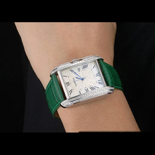 Cartier Tank Anglaise 36mm White Dial Diamonds Steel Case Green Leather Bracelet new59185