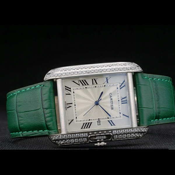Cartier Tank Anglaise 36mm White Dial Diamonds Steel Case Green Leather Bracelet new59185