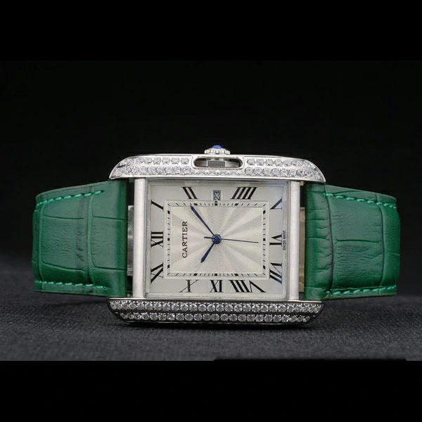 Cartier Tank Anglaise 36mm White Dial Diamonds Steel Case Green Leather Bracelet new59185