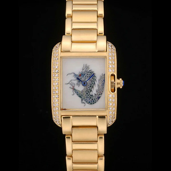 Cartier Tank Anglaise White Dragon Dial Diamonds Gold Case Gold Bracelet new59161