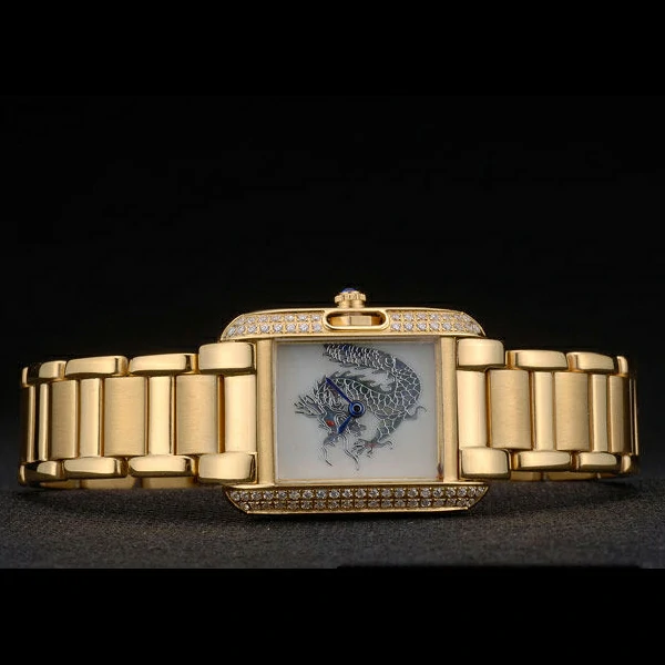 Cartier Tank Anglaise White Dragon Dial Diamonds Gold Case Gold Bracelet new59161