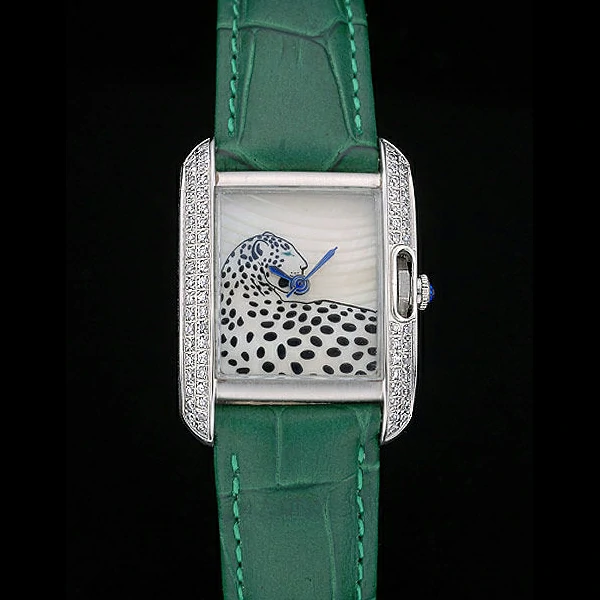 Cartier Tank Anglaise White Tiger Dial Diamonds Steel Case Green Leather Bracelet new59174