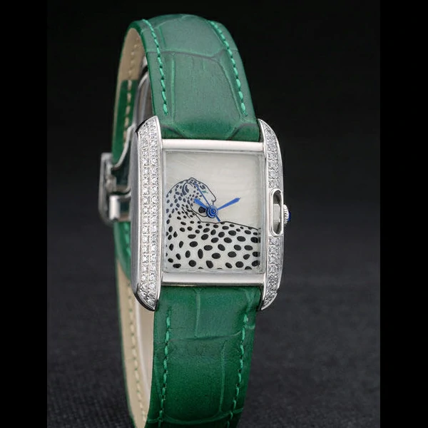 Cartier Tank Anglaise White Tiger Dial Diamonds Steel Case Green Leather Bracelet new59174