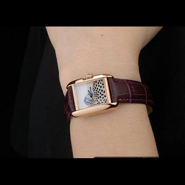 Cartier Tank Anglaise White Tiger Dial Gold Case Purple Leather Bracelet new59172