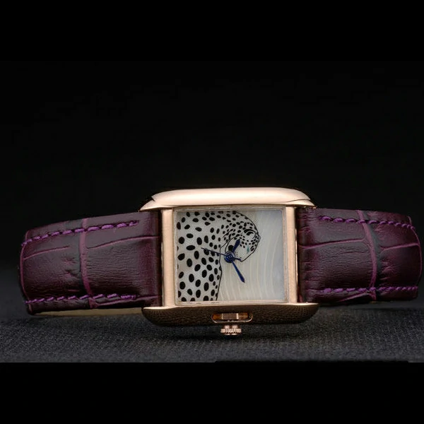 Cartier Tank Anglaise White Tiger Dial Gold Case Purple Leather Bracelet new59172