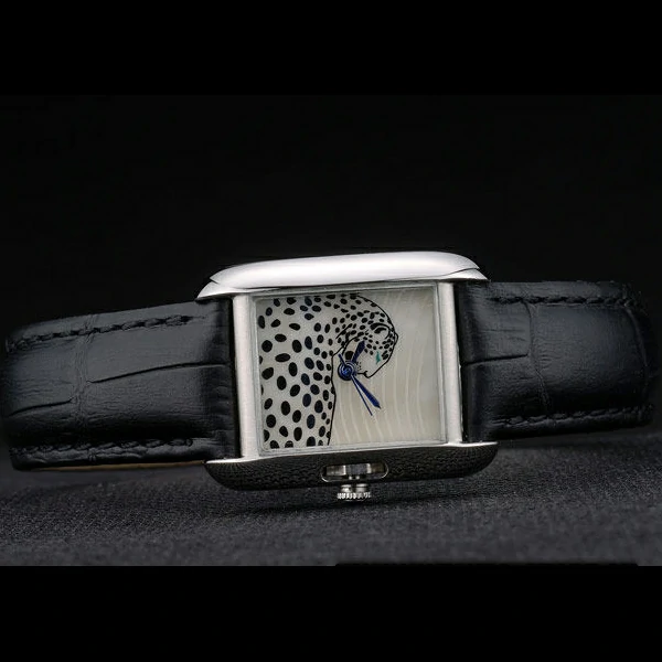 Cartier Tank Anglaise White Tiger Dial Stainless Steel Case Black Leather Bracelet new59173