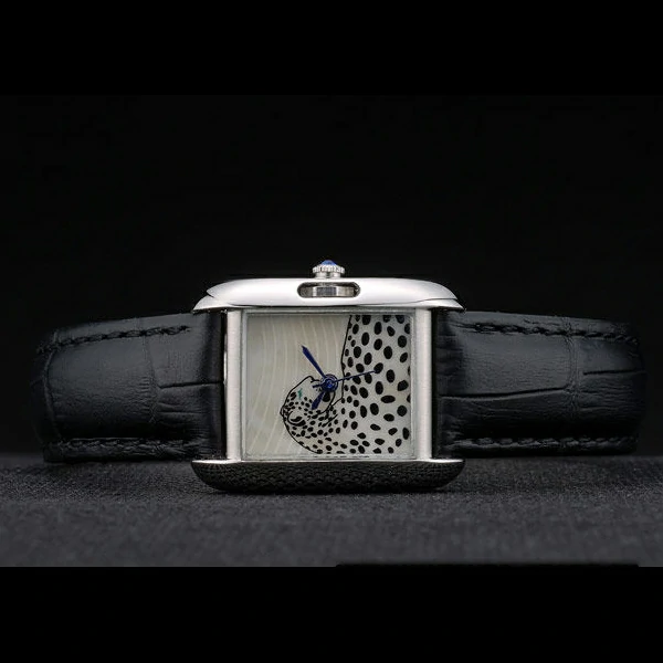Cartier Tank Anglaise White Tiger Dial Stainless Steel Case Black Leather Bracelet new59173